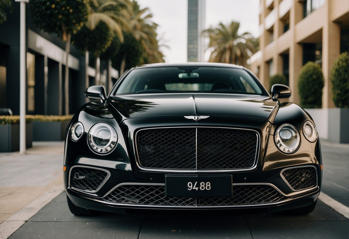 A sleek black Bentley parked in front of a luxury hotel in Adelaide, with the city skyline in the background