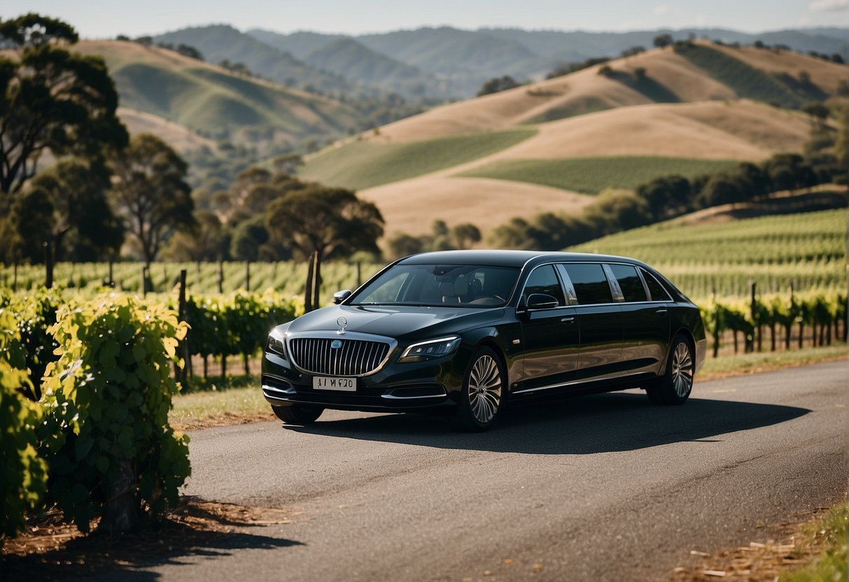 A sleek black limousine winds through the scenic Adelaide Hills, surrounded by rolling green hills and vineyards