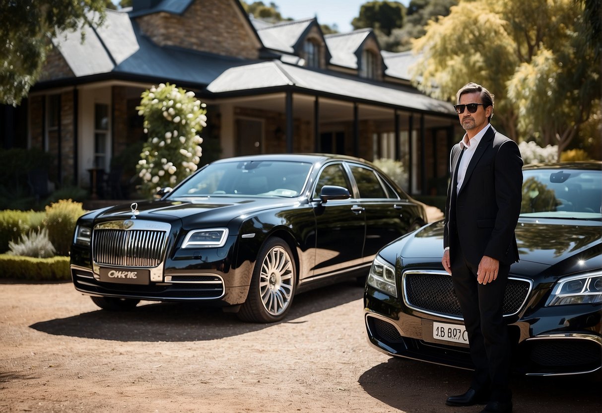 A sleek black limousine parked outside a luxurious estate in the picturesque Adelaide Hills, with a chauffeur standing by the open door, ready to welcome guests