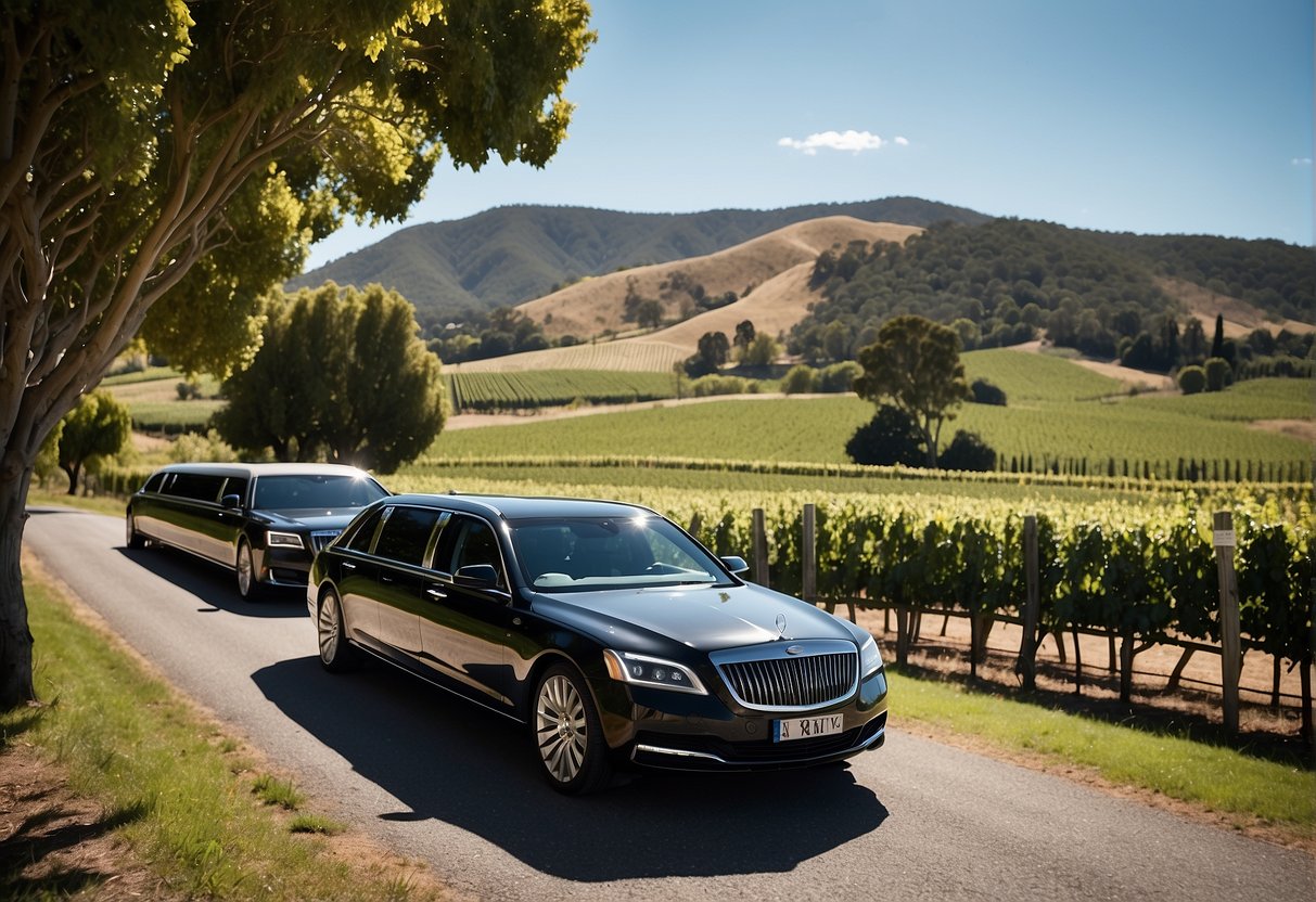 A luxurious limousine parked in the picturesque Adelaide Hills, surrounded by rolling green hills and vineyards, with a clear blue sky overhead