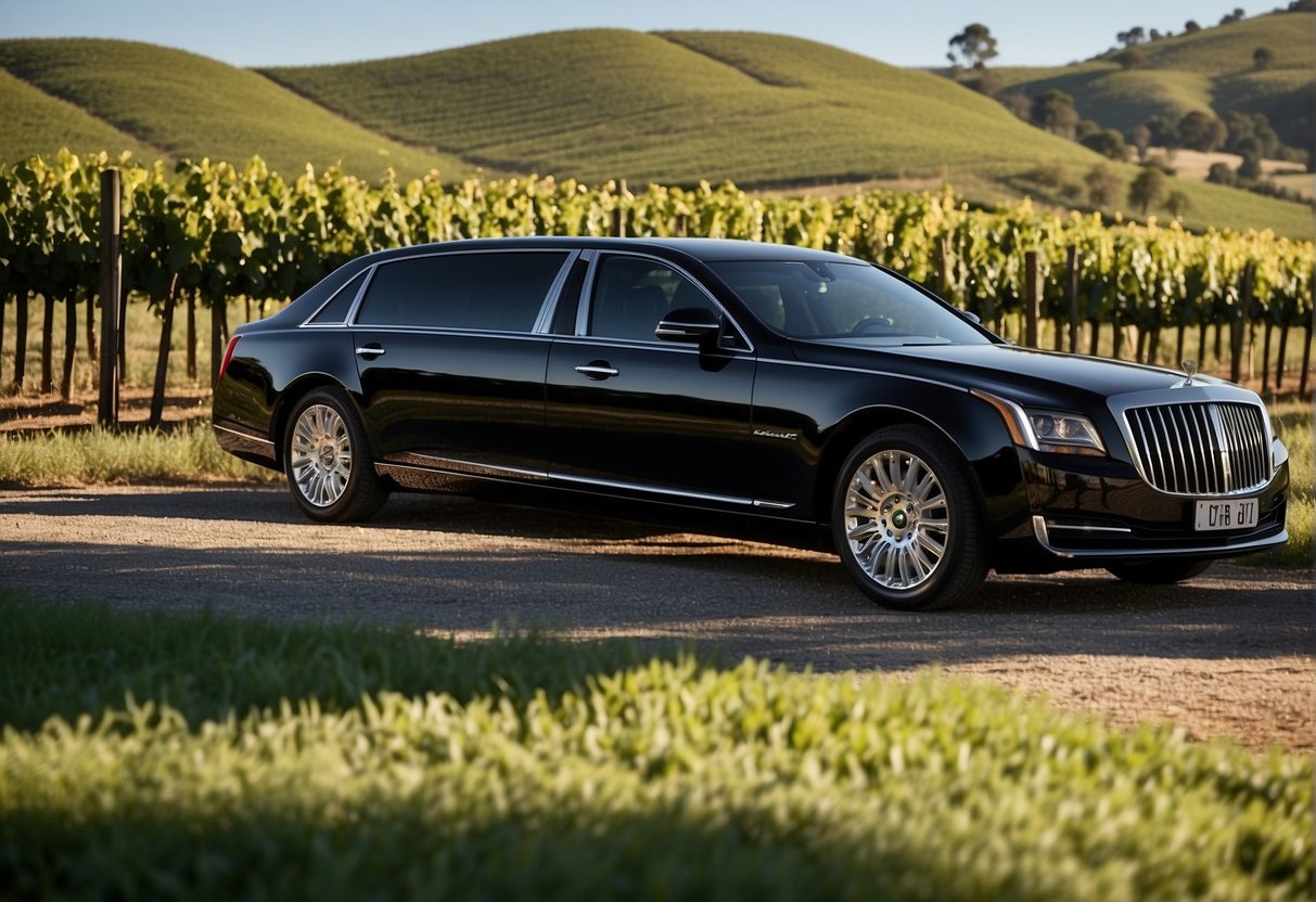 A sleek black limousine parked in front of a lush vineyard in the Adelaide Hills, with a clear blue sky and rolling hills in the background