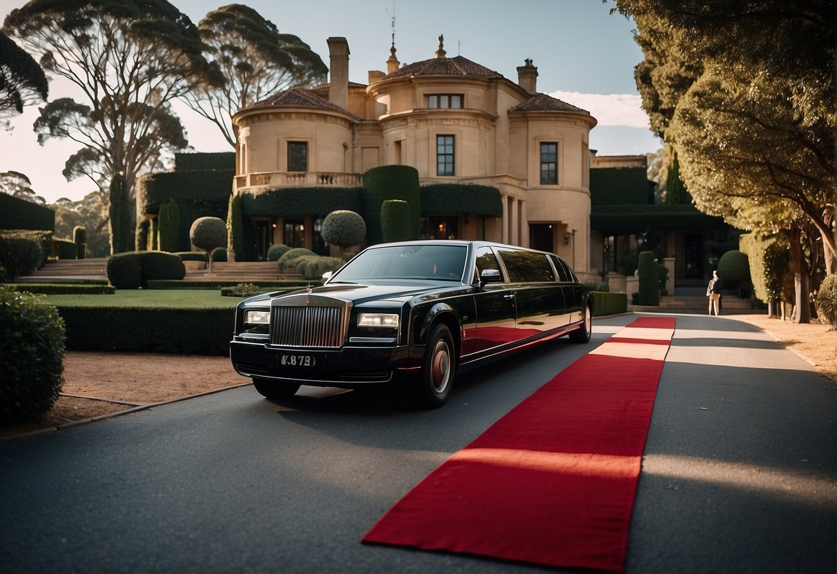 A sleek limousine pulls up to a grand estate in the Adelaide Hills. The chauffeur opens the door, and guests step out onto a red carpet