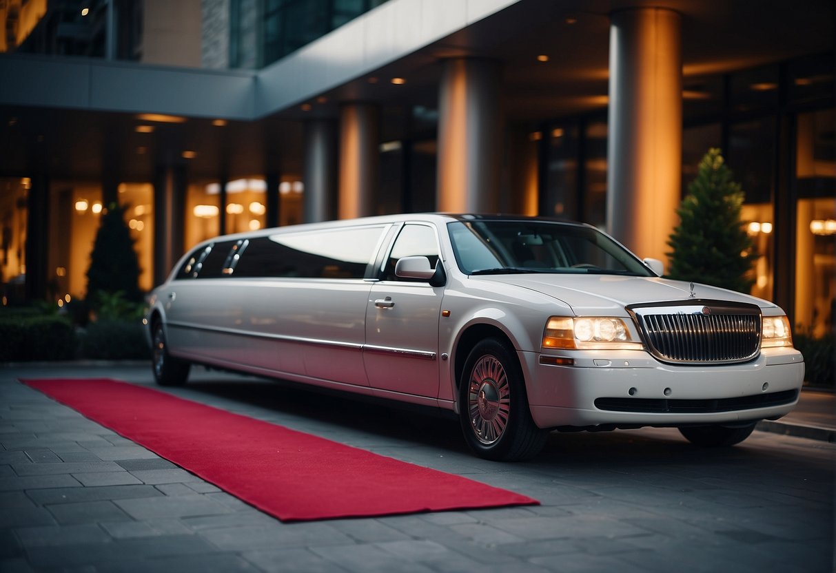 An elegant 8-seater limo parked in front of a luxury hotel, with the driver's door open and a red carpet leading to the entrance