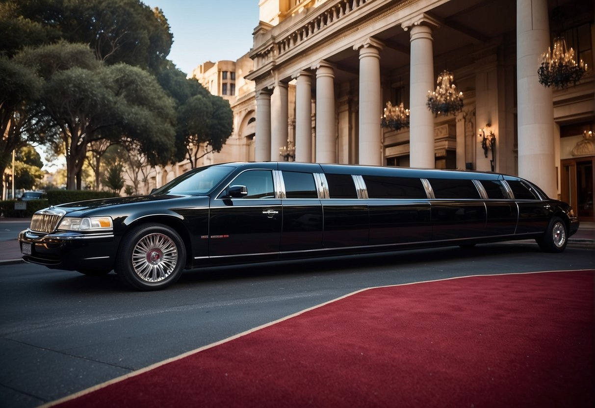 An 8-seater limo parked outside a grand hotel in Adelaide, with the city skyline in the background and a red carpet leading to the vehicle's open door