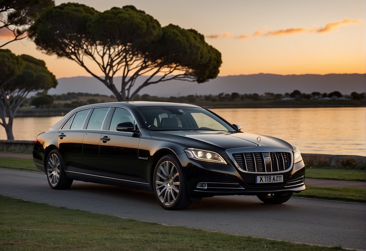 A sleek black limousine parked on the scenic waterfront of Victor Harbour, South Australia. The sun is setting, casting a warm glow on the surrounding landscape