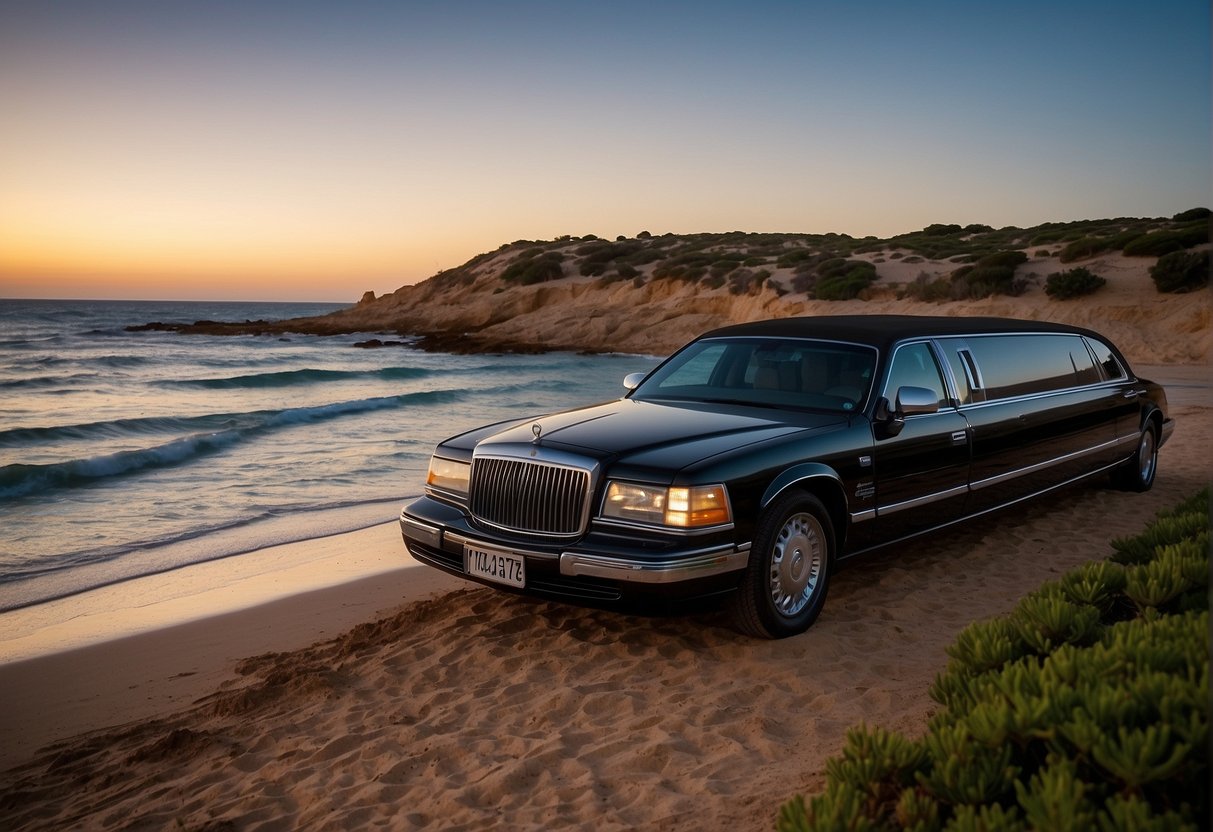 A sleek black limousine parked by the beach in Victor Harbour, South Australia. The sun setting on the horizon, casting a warm glow over the scene