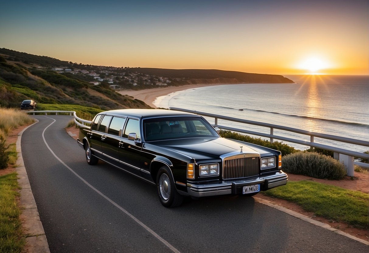 A sleek black limousine parked by the picturesque coastline of Victor Harbour, South Australia. The sun setting in the background, casting a warm glow over the scene