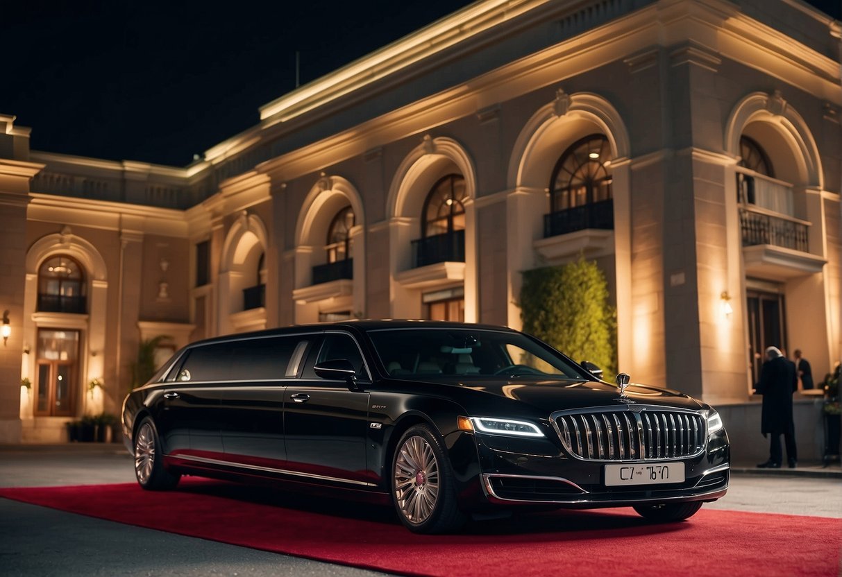 A sleek black limousine parked in front of a luxurious venue, with a red carpet rolled out and a chauffeur standing by