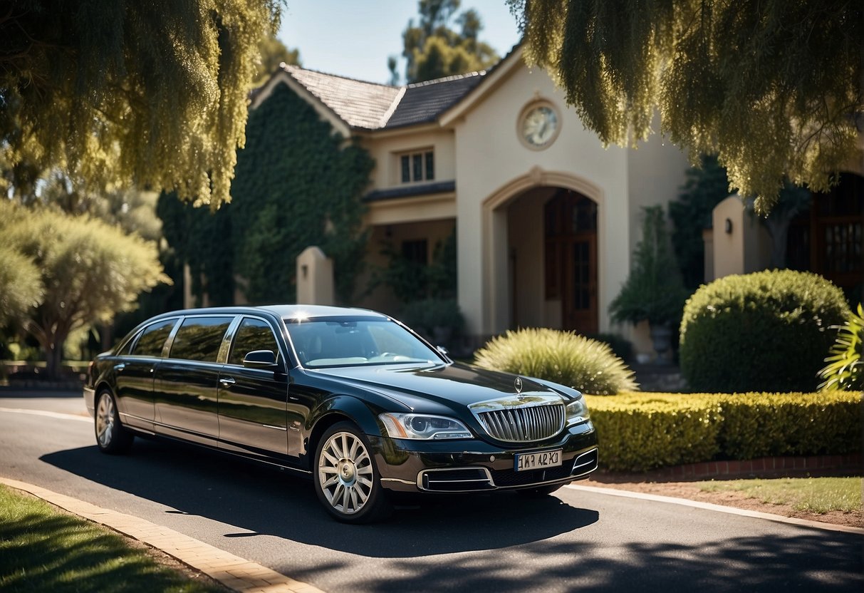 A sleek black limousine pulls up to a grand estate in Blackwood, South Australia, surrounded by lush greenery and a clear blue sky