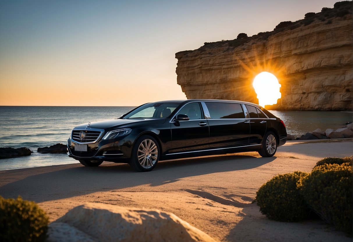 A sleek limousine parked by the crystal-clear waters of Port Noarlunga, with the sun setting in the background, creating a picturesque scene for a luxurious and elegant illustration