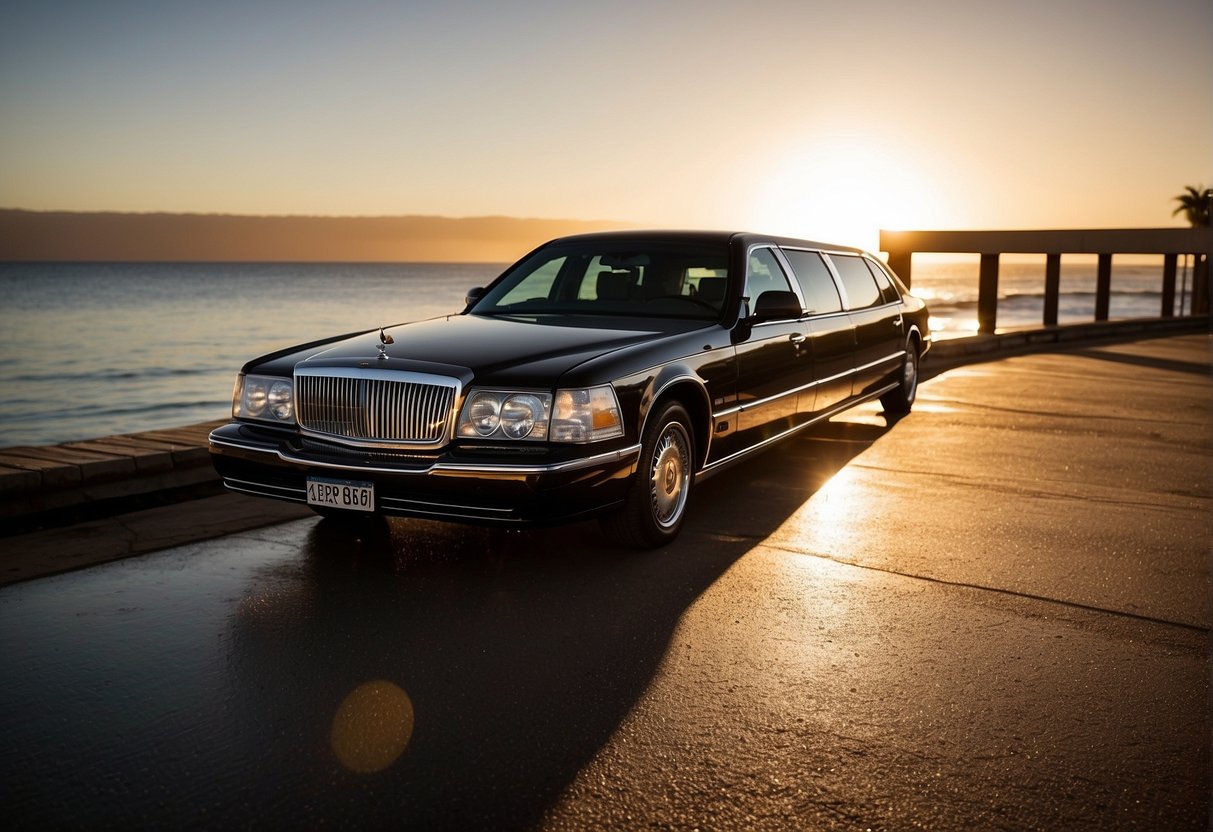 A luxurious limousine parked by the crystal-clear waters of Port Noarlunga. The sun sets behind the horizon, casting a warm glow on the sleek vehicle