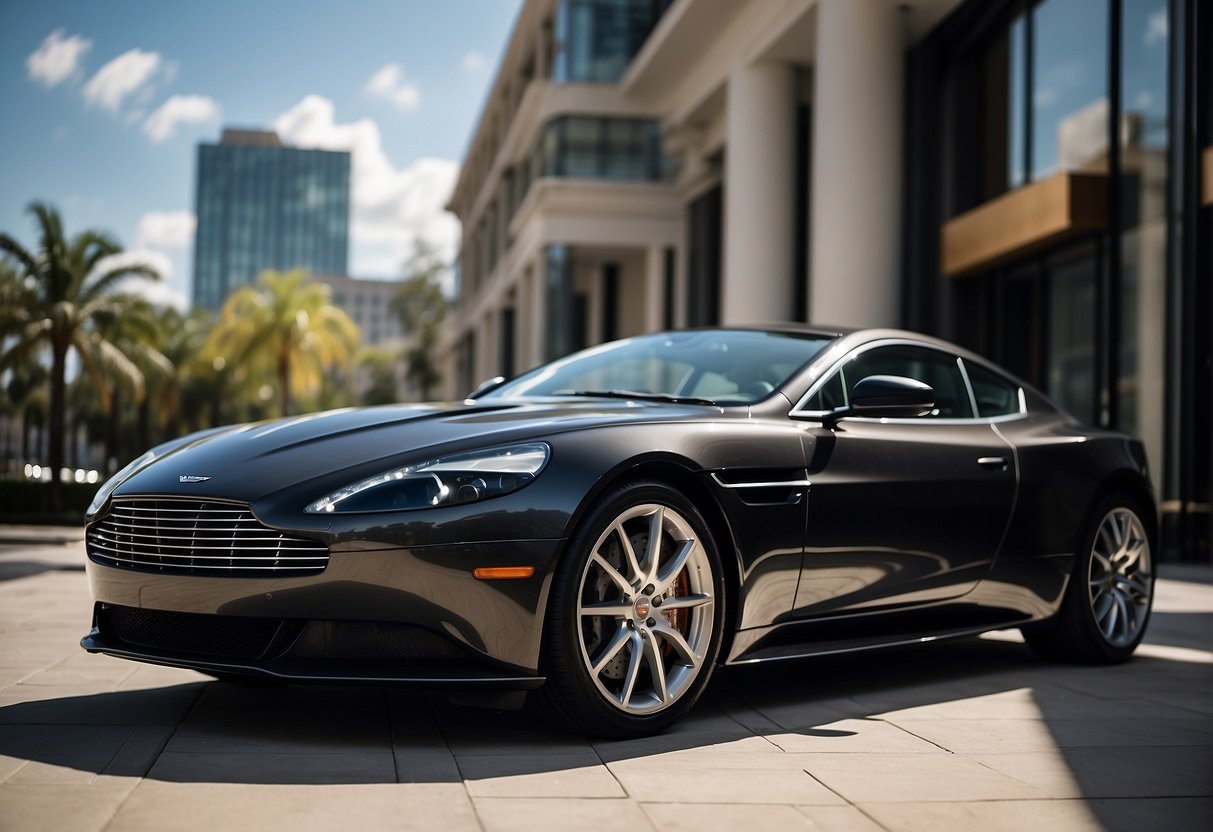 A sleek Aston Martin parked in front of a luxury hotel, with a valet opening the car door. The city skyline in the background, reflecting off the car's polished exterior