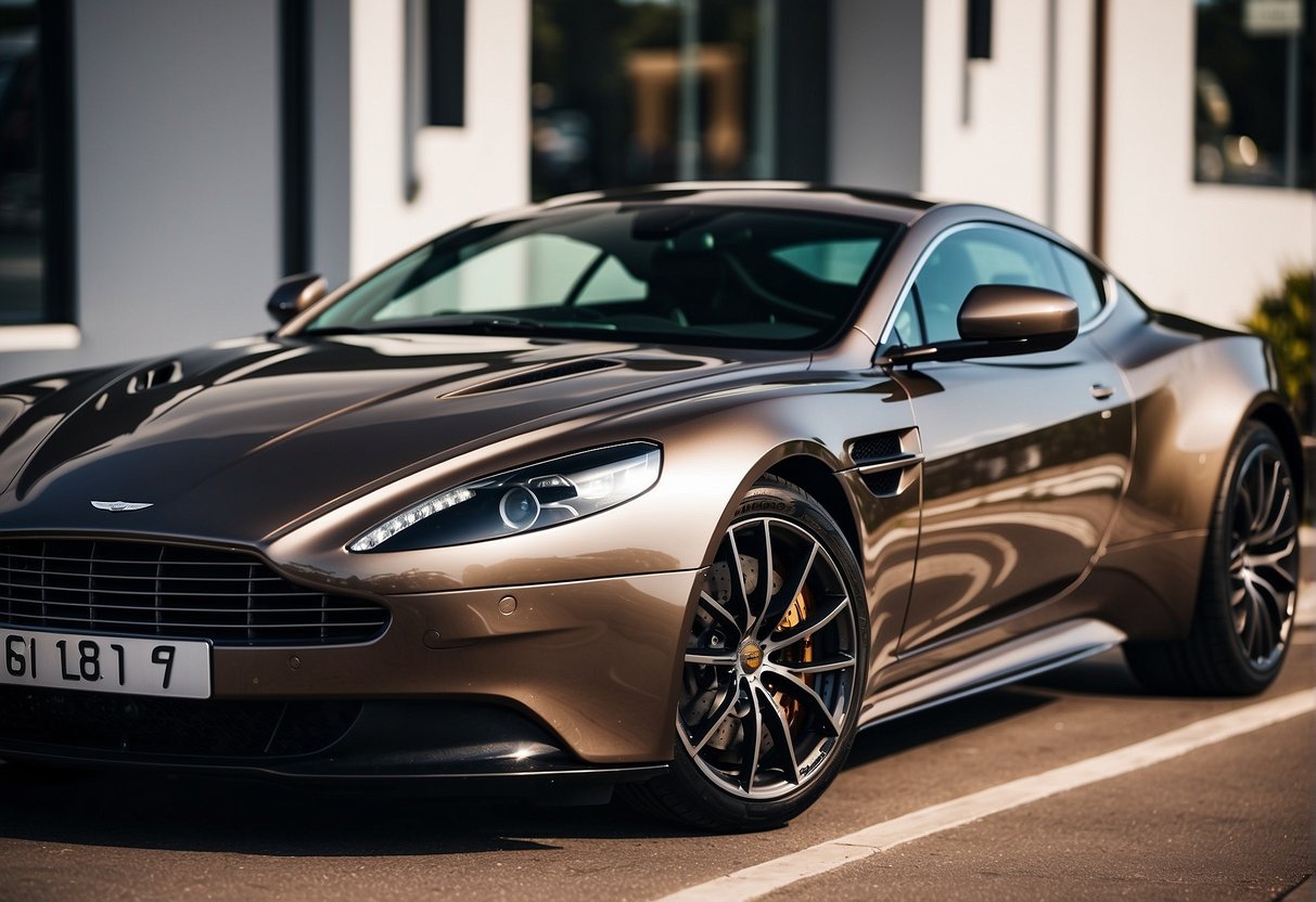 A sleek Aston Martin parked in front of a luxury car rental agency in Adelaide. The sun is shining, highlighting the car's polished exterior