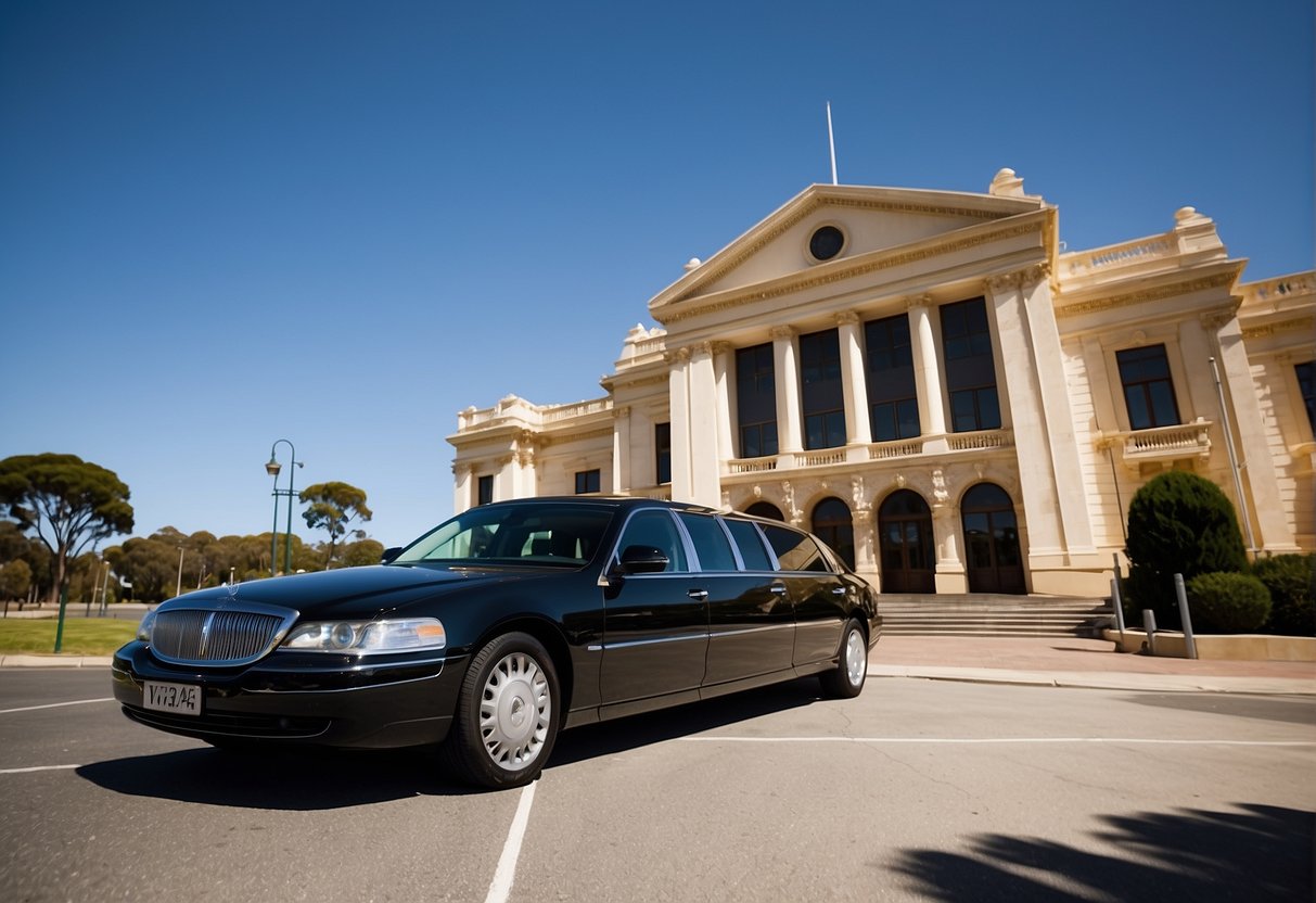 A sleek black limousine parked in front of a grand building with a sign reading "Port Lincoln Limo Hire, South Australia."