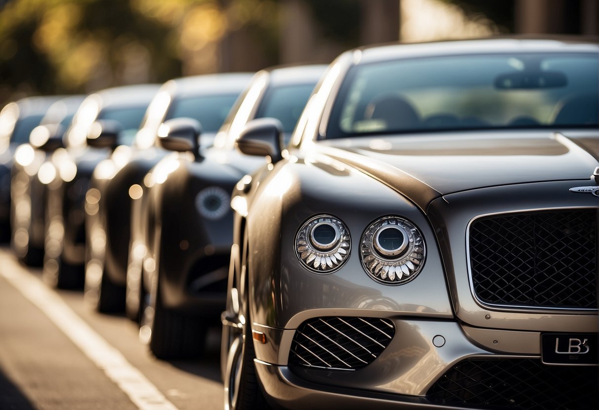 Luxury Bentley cars lined up for hire in Adelaide. Gleaming in the sunlight, showcasing their elegance and prestige