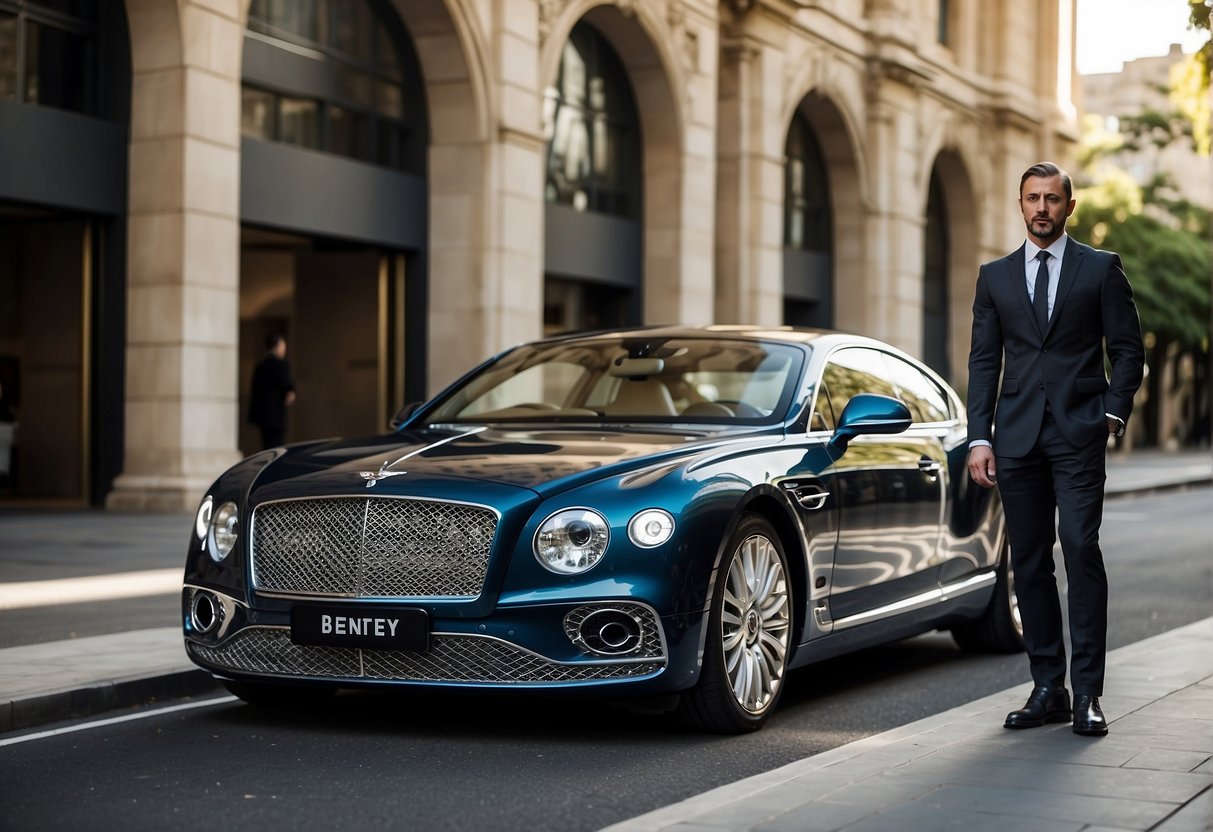 A luxurious Bentley parked outside a prestigious Adelaide building, with a chauffeur standing by, ready to provide top-notch service