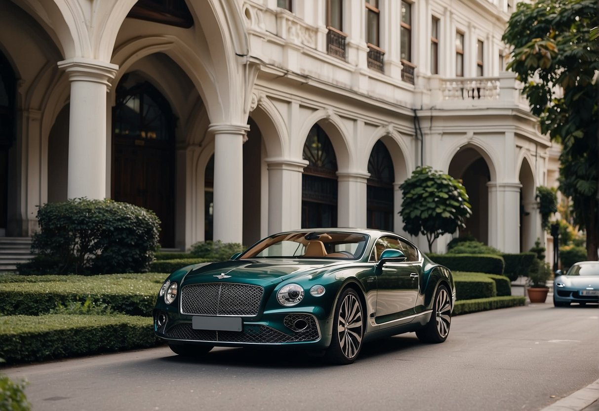 A sleek Bentley parked in front of a grand heritage building, surrounded by lush greenery and a sense of luxury